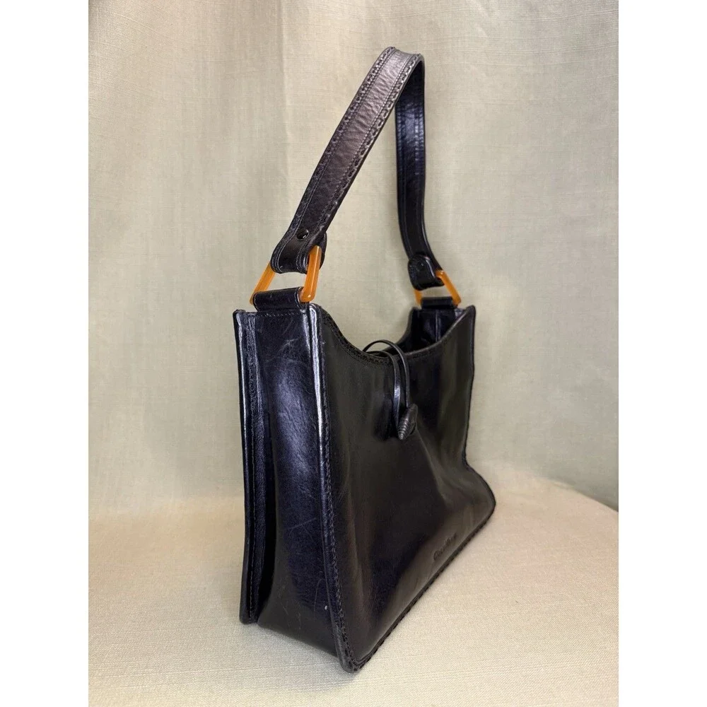 Vintage Cole Haan Black Leather Shoulder Bag Purse Brown Square Strap